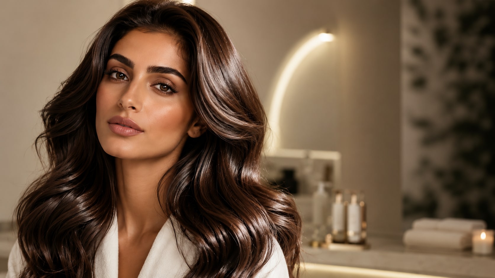 Woman with glossy, styled dark hair in a salon
