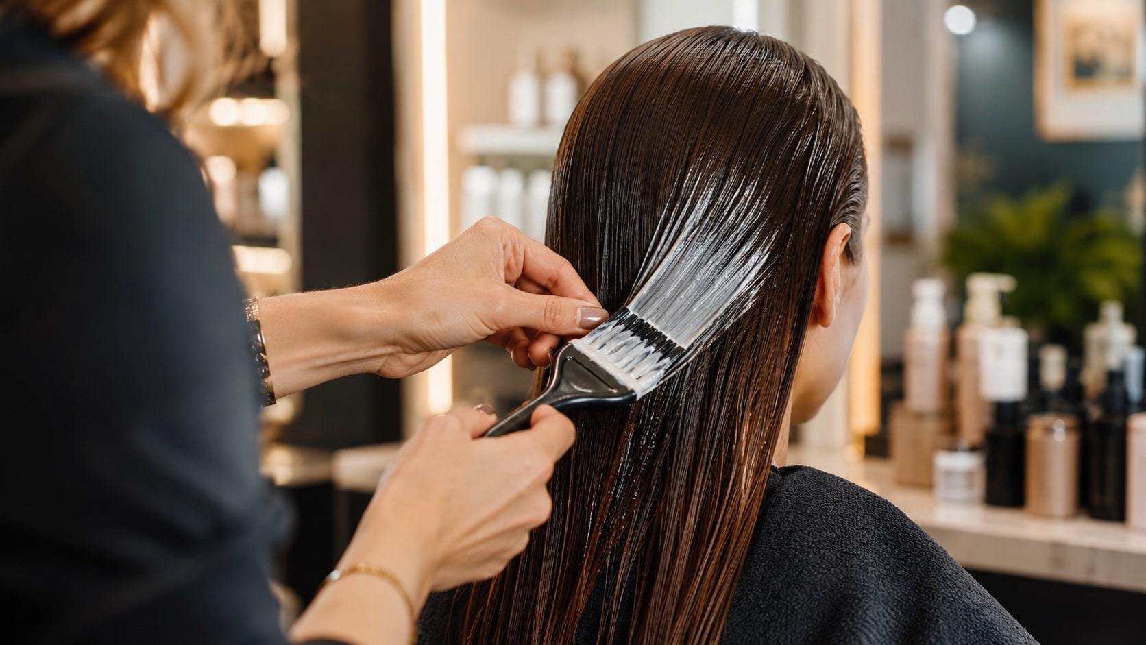 Professional stylist applying a hair treatment in a salon